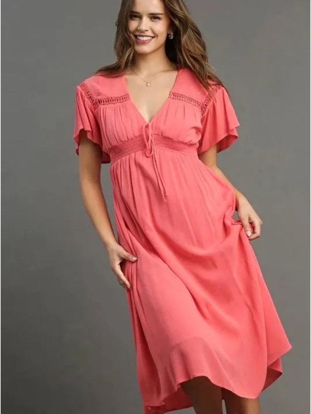 Umgee Coral Tie-Front Flutter Sleeve Dress